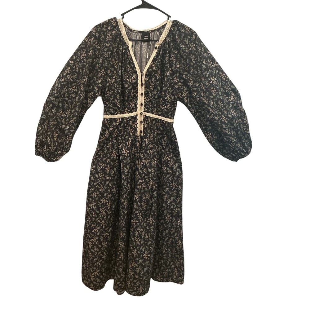 Womens Lace Trim Prairie Maxi Dress Drop Waist Black Floral Cottage Romantic S